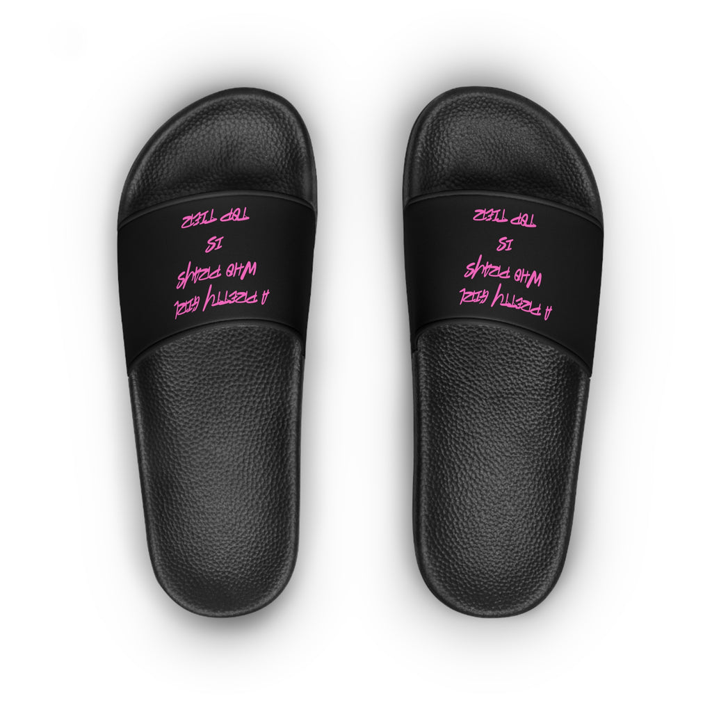 Slides-A Pretty Girl Who Prays Pink/Black Chrisitan Slides for Women