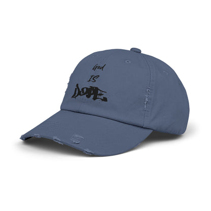 Unisex Distressed Cap with 'God Is Dope' Quote- Trendy, Casual Hat