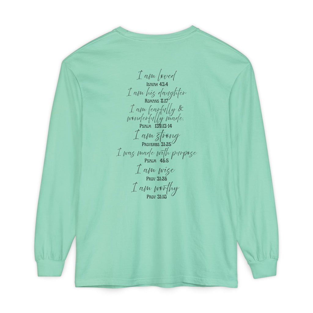"I Am Who God Says I AM" with Inspirational Scriptures on the back, long sleeve Tee