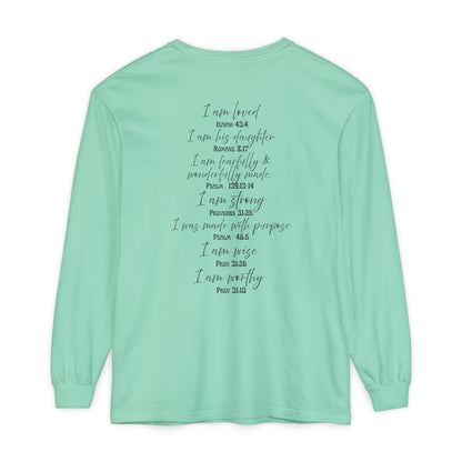 "I Am Who God Says I AM" with Inspirational Scriptures on the back, long sleeve Tee