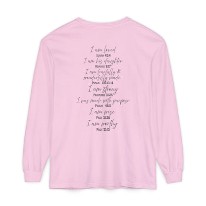 "I Am Who God Says I AM" with Inspirational Scriptures on the back, long sleeve Tee