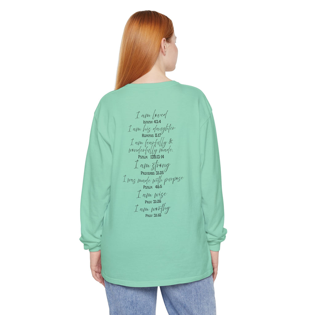 "I Am Who God Says I AM" with Inspirational Scriptures on the back, long sleeve Tee