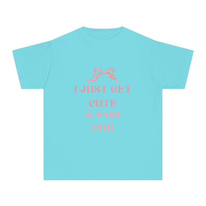 Youth Tee - I Just Get Cute & Trust God, Cute Motivational Shirt for Kids, Faith-Based Youth Apparel, Birthday Gift, Christian Clothing