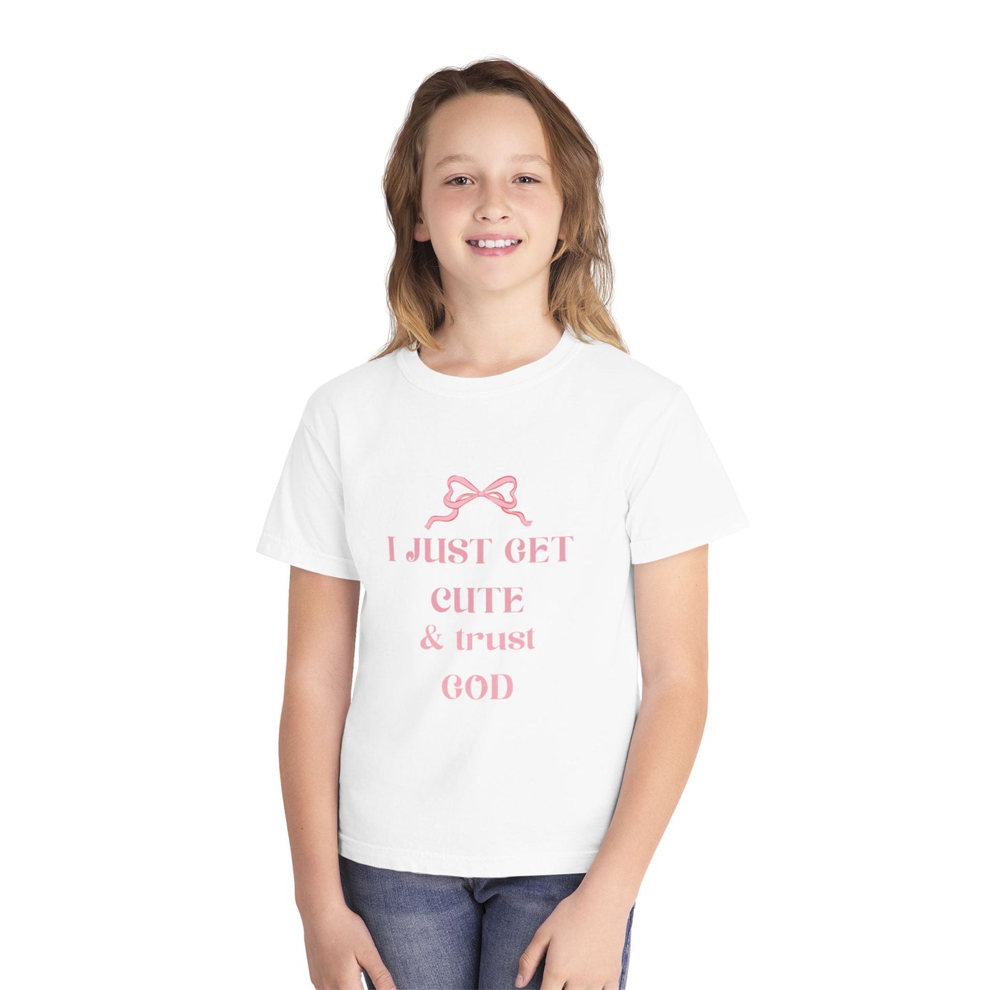 Youth Tee - I Just Get Cute & Trust God, Cute Motivational Shirt for Kids, Faith-Based Youth Apparel, Birthday Gift, Christian Clothing