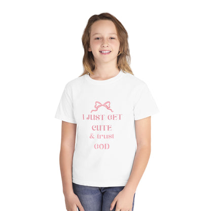 Youth Tee - I Just Get Cute & Trust God, Cute Motivational Shirt for Kids, Faith-Based Youth Apparel, Birthday Gift, Christian Clothing