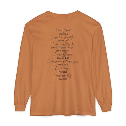 "I Am Who God Says I AM" with Inspirational Scriptures on the back, long sleeve Tee