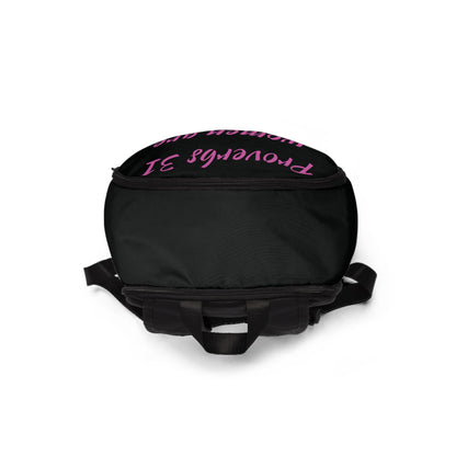 A Proverbs Woman Who Prays Is Top Tier Backpack (black/pink)