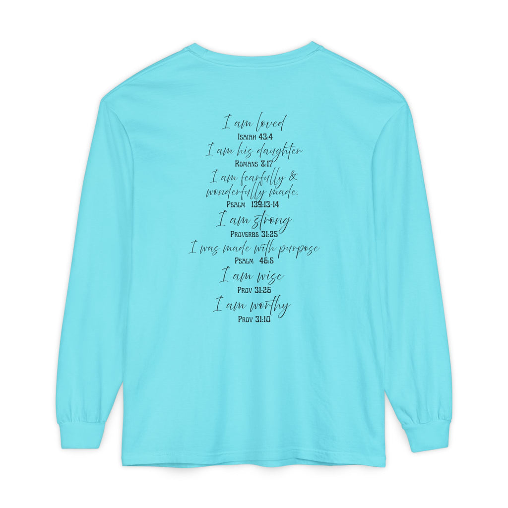 "I Am Who God Says I AM" with Inspirational Scriptures on the back, long sleeve Tee