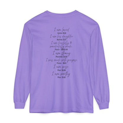 "I Am Who God Says I AM" with Inspirational Scriptures on the back, long sleeve Tee