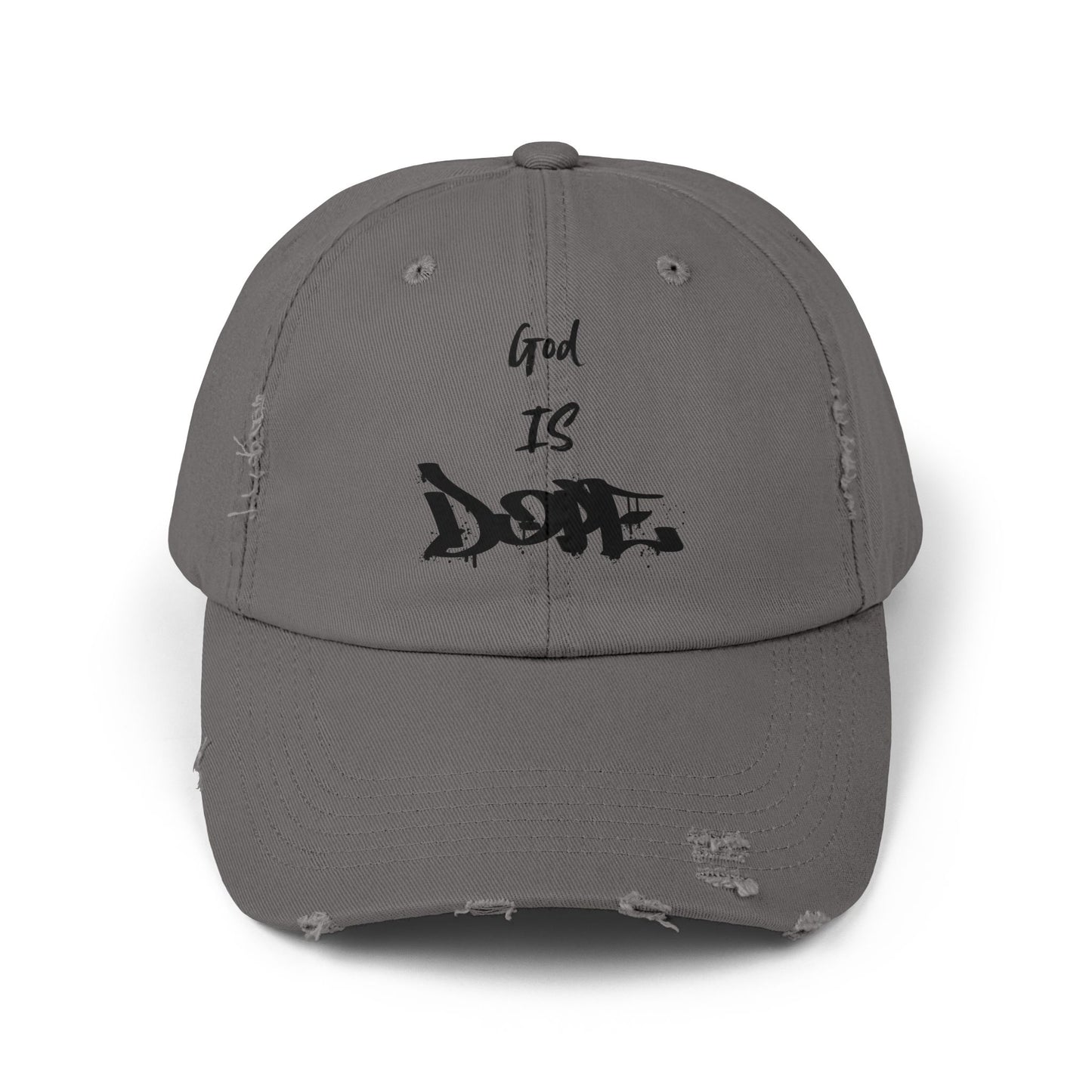 Unisex Distressed Cap with 'God Is Dope' Quote- Trendy, Casual Hat