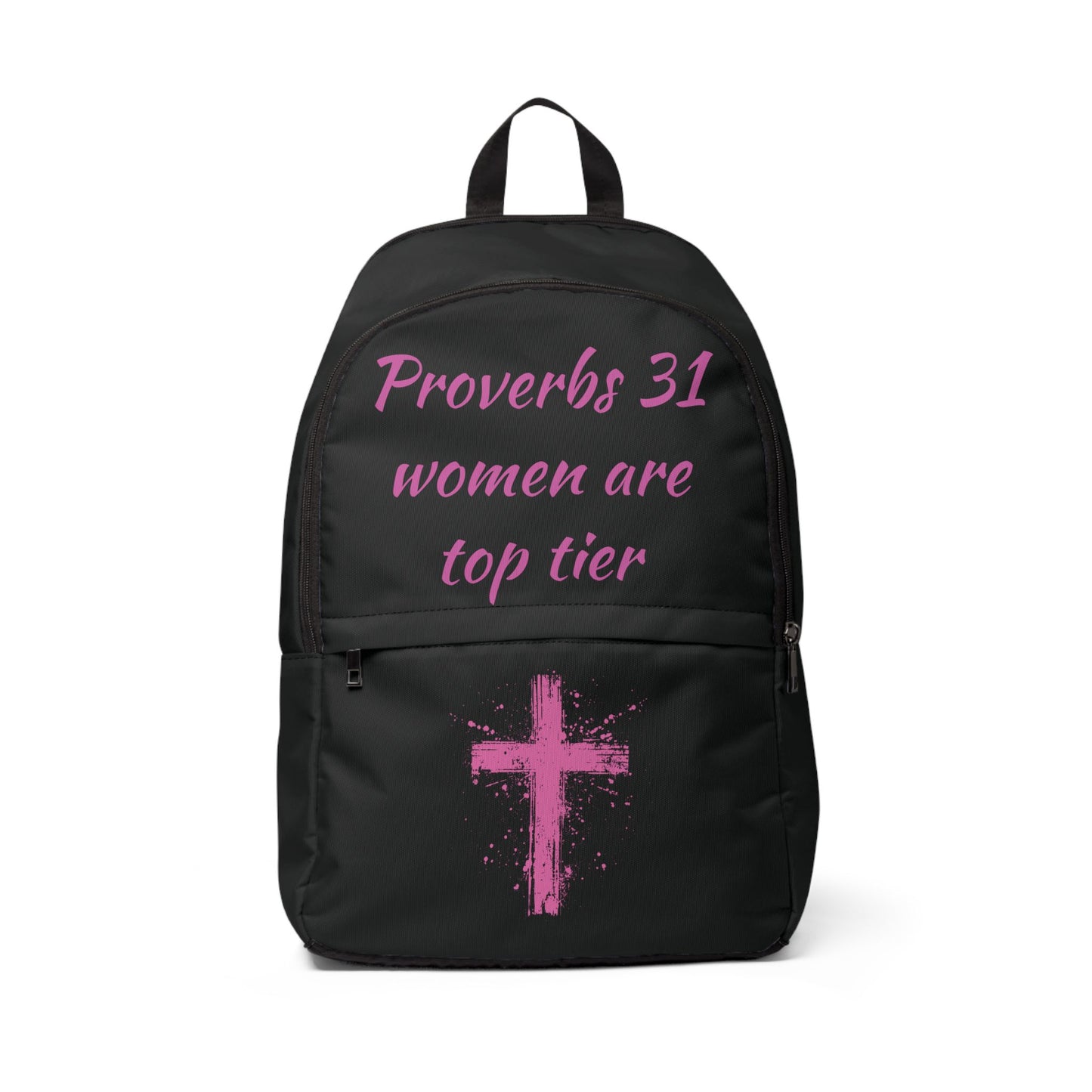 A Proverbs Woman Who Prays Is Top Tier Backpack (black/pink)