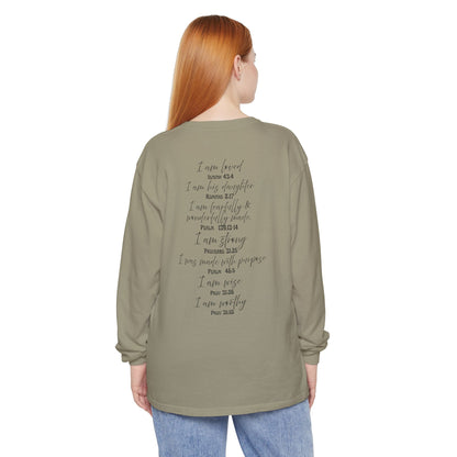 "I Am Who God Says I AM" with Inspirational Scriptures on the back, long sleeve Tee