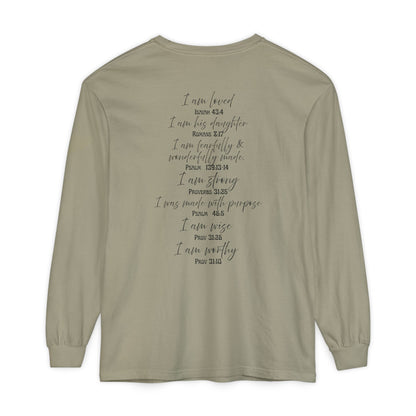 "I Am Who God Says I AM" with Inspirational Scriptures on the back, long sleeve Tee