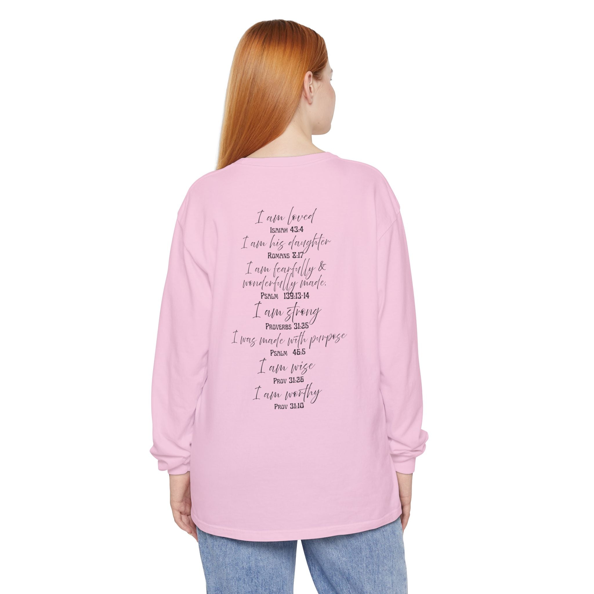 "I Am Who God Says I AM" with Inspirational Scriptures on the back, long sleeve Tee