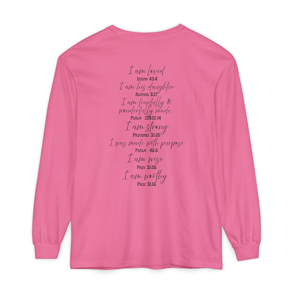 "I Am Who God Says I AM" with Inspirational Scriptures on the back, long sleeve Tee