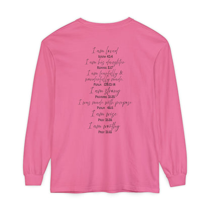 "I Am Who God Says I AM" with Inspirational Scriptures on the back, long sleeve Tee