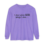 "I Am Who God Says I AM" with Inspirational Scriptures on the back, long sleeve Tee